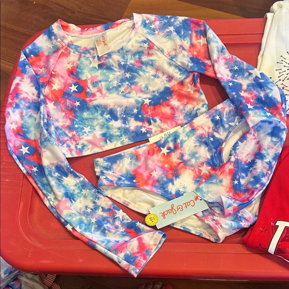 Girls Patriotic swim, hair clips and Tee & Skirt Set - Red White Blue Stars